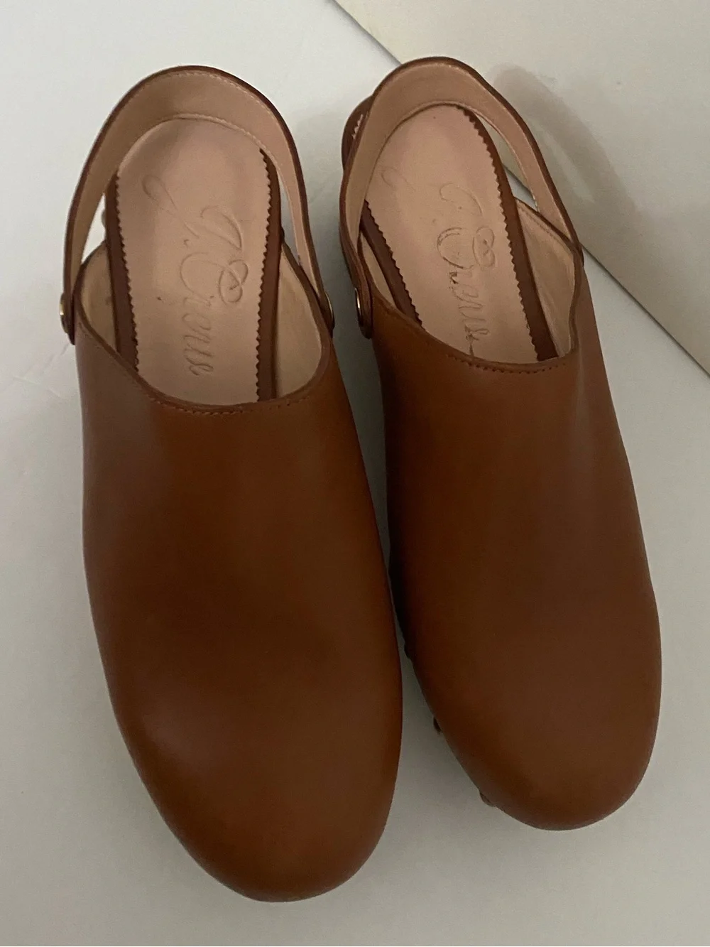 Women's Brown Leather Clog Mules with Studded Wood-Look Sole